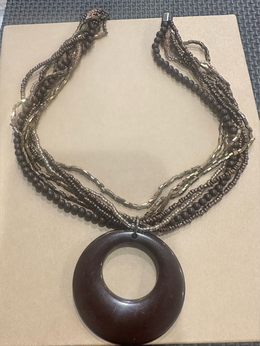 Boutique Brown Multi Strand Beaded Circle Pendant Statement Necklace